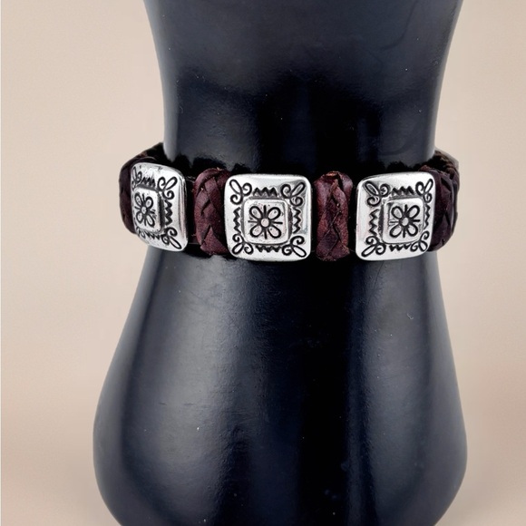 Brighton Silver and Brown Leather Bracelet Weave Leather Strap Brown Strap - Picture 4 of 5